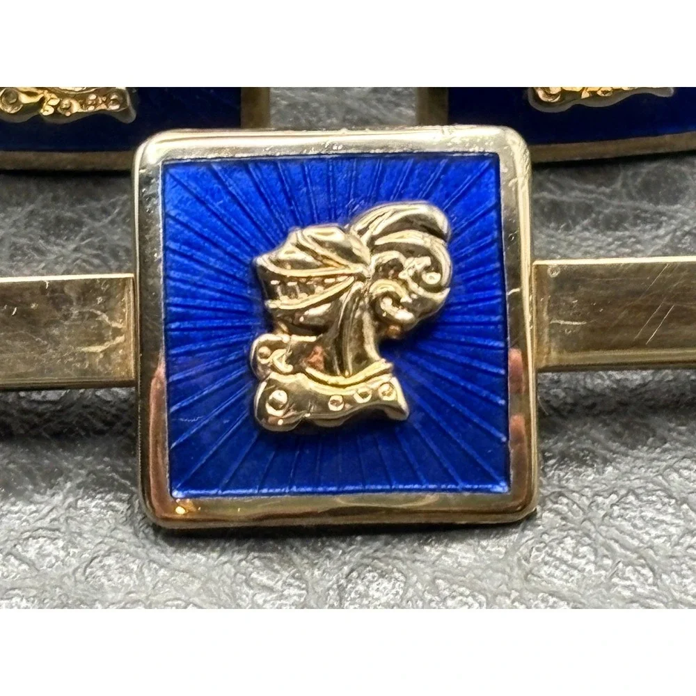 Vintage Knight Heraldic Soldier Blue Guilloche Enamel Cufflinks Tie Clip Set